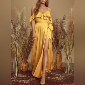 NWT - Lulu's - Moriah Mustard Yellow Satin Wrap Maxi Dress